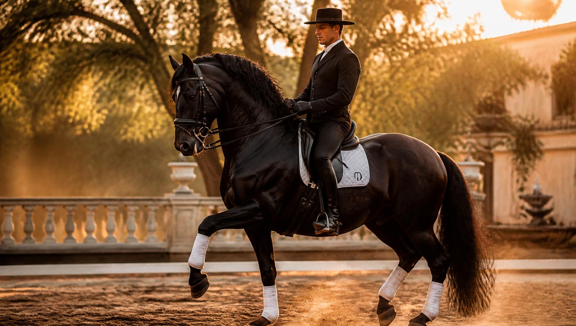 Caballo negro realizando doma clásica con jinete elegante al atardecer